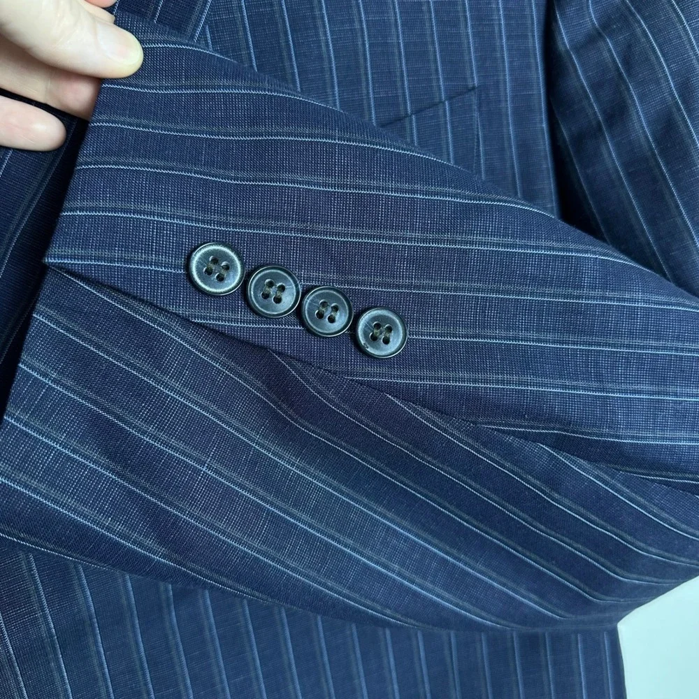 Joseph Abboud Mens 44L Navy Pinstripe Wool Linen Mohair Blazer Sport Coat USA